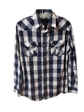 Men's Coastal Blue & W Plaid Western Long Sleeve Pearl Snap Shirt Small Chest 40